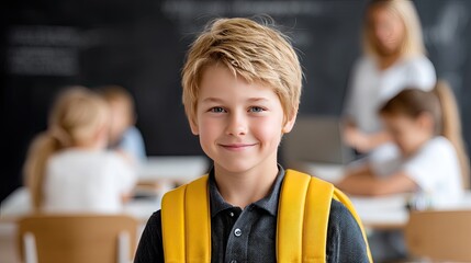 Schoolboy with yellow backpack stands in classroom smiling while teacher uses laptop and other children sit at desks.