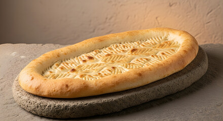 Delicious khachapuri bread on a stone plate on a table indoors