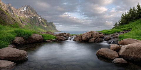 Mountain stream rock grass landscape water sky cloud nature tranquil scenery with lush green grass rocky stream and dramatic mountain cloudy sky