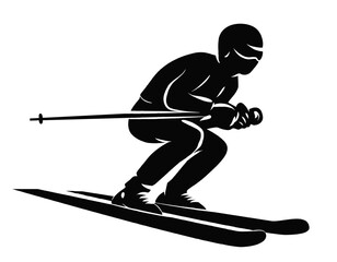 Black vector silhouette of alpine skier in downhill tuck position holding poles. Speed skiing winter athlete racing on slope. Flat minimal hand drawn sport illustration isolated on white background © Qeeraw