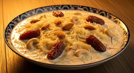 A bowl of creamy dessert with dates and nuts on a wooden table