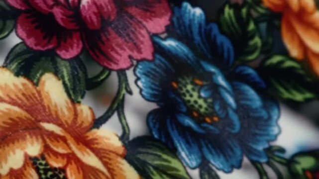 Vibrant floral pattern featuring a mix of colorful blossoms and lush green leaves.