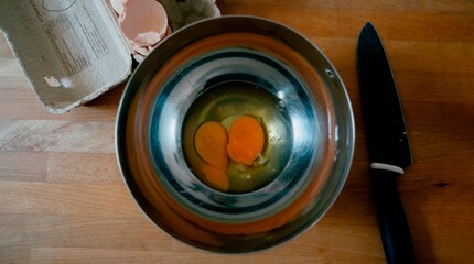 Raw eggs in metal bowl on wooden table, breakfast preparation ingredients, top view flat lay, home cooking concept, simple kitchen scene