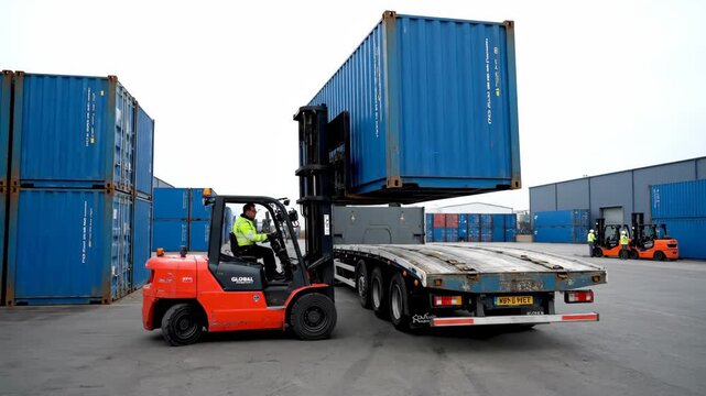 Forklift Loading Shipping Container onto Trailer - A bright orange forklift is maneuvering a blue shipping container above a flatbed trailer in a busy shipping yard.
