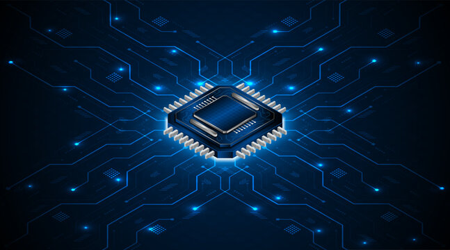 Microchip processor circuit board technology on dark blue background. Information Processing Concept. Circuit board hi-tech technology background. vector illustration
