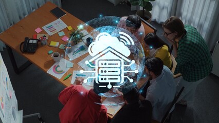 A diverse team engaged in a strategic meeting in a contemporary office, enhanced by a digital technology overlay representing data connectivity and innovation. Raster