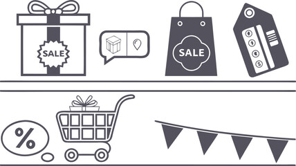 Sale Icons Illustration: A collection of sale-themed icons, including a gift box, shopping bag, price tag, shopping cart, and percentage symbol, symbolizing savings and special offers.