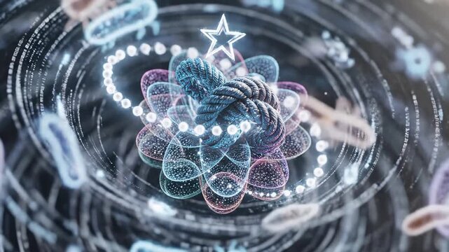 Abstract 3D rendering of a complex biological structure with glowing particles and surrounding microorganisms.