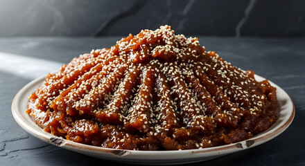 A plate of spicy korean gochujang sauce coated bulgogi beef strips topped with sesame seeds on a dark marble surface