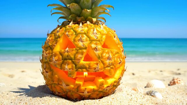 Creative Pineapple Jack-o'-lantern on the Beach - A whimsical pumpkin-carved pineapple sits on a sandy beach, with the ocean in the background.