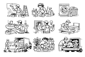 Obraz premium Disaster Cleanup, Emergency Recovery and Community Support Illustrations Set