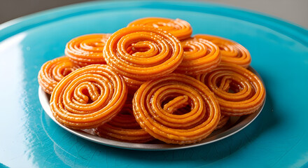 A plate of crispy golden jalebis on a vibrant blue background
