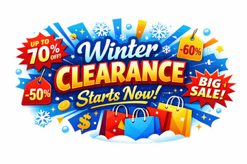 Winter Clearance Sale Banner. Modern holiday banner with short greeting slogan, vibrant winter clearance sale banner announcing