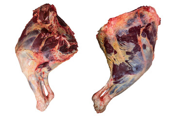 two beef thighs on a white background, from the front and back