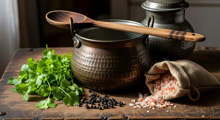 A rustic still life with copper pot, herbs, and spices on wooden table in warm lighting