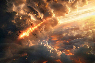 Obraz premium Apocalyptic meteor streaking across dramatic sky toward earth - catastrophic impact concept