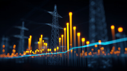 Electricity transmission towers with rising data chart symbolizing power demand analytics, grid investment and utility performance.
