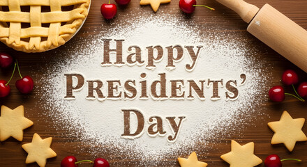 Happy Presidents' Day text written in flour on wooden table with cherry pie, star cookies, rolling pin, and fresh cherries for patriotic American holiday baking concept