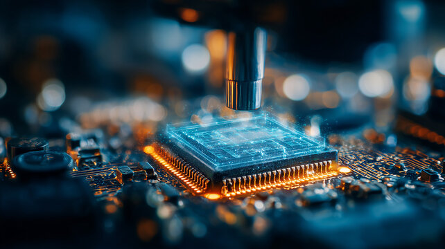 Precision probe inspecting a microchip on a circuit board symbolizing semiconductor testing, hardware diagnostics and secure computing.
