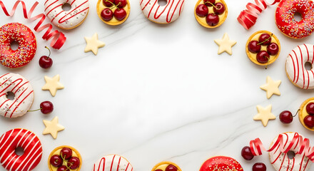 Red and white donuts with cherry tarts and star cookies arranged as a border on a white marble surface with copy space for Presidents' Day or patriotic holiday celebration background