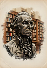 George Washington bust illustration with blurred library bookshelf background, vintage sketch style portrait for Presidents' Day, American history education, and patriotic designs