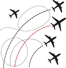 Aviation Route Diagram: An artistic illustration depicts the intricate flight paths of multiple airplanes weaving through the sky. Showcasing the convergence of multiple flight path.