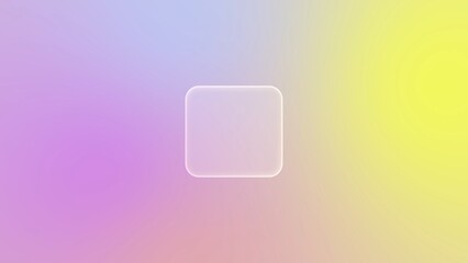A minimalist rounded square button made of liquid glass, floating on a background with a soft yellow purple gradient, is ideal for modern user interface design and app layouts.