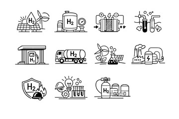 Fototapeta premium Hydrogen Energy and Green Hydrogen Technology Icons Set