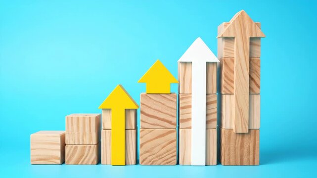 Wooden Block Arrow Graph on Blue Background - This video features a series of wooden blocks stacked to form ascending arrows against a vibrant blue background.