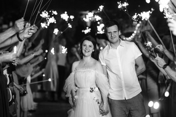 newlyweds at a wedding of sparklers