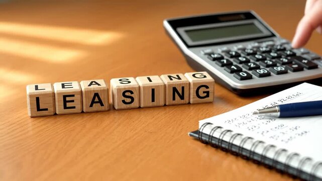 Leasing Concept with Calculator and Notes - This video features wooden blocks displaying the word "LEASING," positioned on a wooden desk alongside a calculator and a notepad filled with handwritten