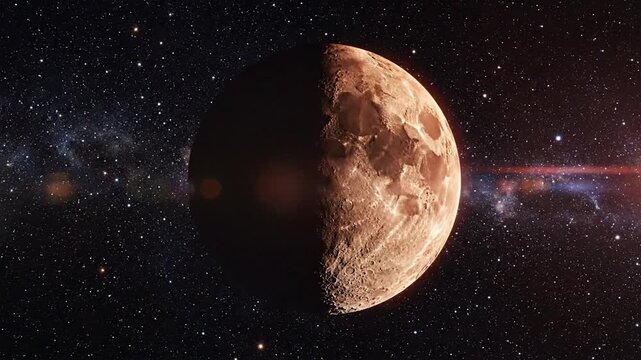 Half-lit moon in a starry space background