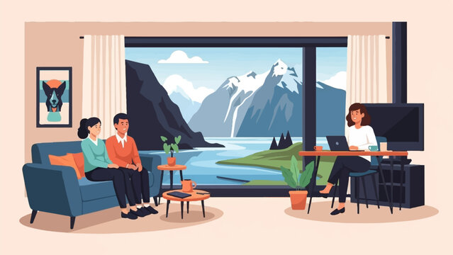 Couple relaxing indoors while woman works with mountain lake view