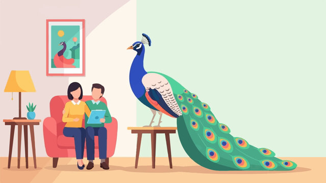 Couple relaxing on sofa in room with large peacock and framed art