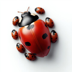 Obraz premium Ladybug insect red black spot beetle isolated white nature macro. Ladybug with black spots red shell surrounded by smaller ladybugs isolated white