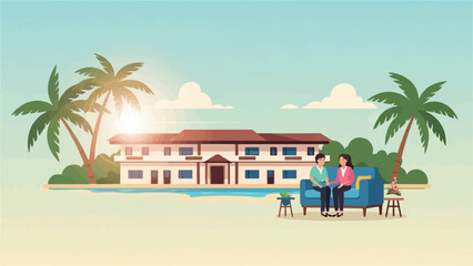 Obraz premium Couple relaxes on couch near house with palm trees and pool