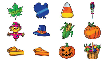 Collection of colorful halloween and autumn themed icons and symbols