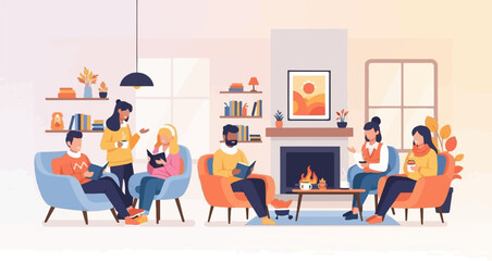 Fototapeta premium Cozy gathering indoors, people reading and chatting near fireplace