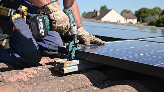 Installation of solar panels on residential rooftops showcasing outdoor renewable energy setup process