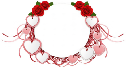 Valentine Circular frame with red roses and white hearts hanging on pink ribbons