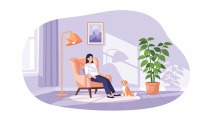 Fototapeta premium Cozy living room scene with a woman and dog