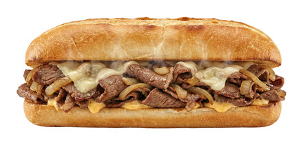 Steaming Philly cheesesteak sandwich