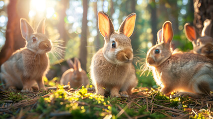 Obraz premium Adorable group of curious rabbits in a sunlit forest setting