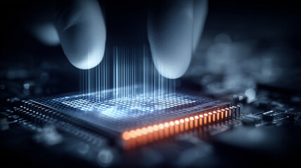 Fingers activating a microchip on a motherboard representing semiconductor control and advanced computing.