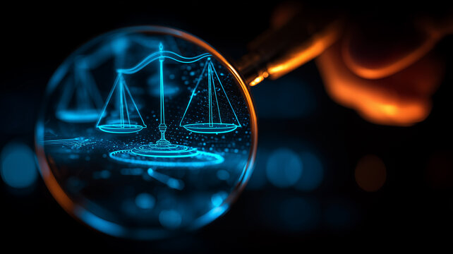 Magnifying glass revealing scales of justice on a digital interface symbolizing legal technology and compliance oversight.
