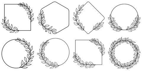 Fototapeta premium Vertical hand drawn groovy postcard nature print, trendy leaf shape background. Vintage wedding floral frame, elegant organic abstract border set. Vintage frame graphic Big set of floral round frames.