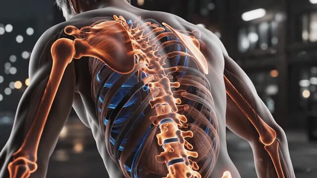 Dynamic visualization of the human spine and nervous system highlighting anatomy and movement in an advanced medical setting