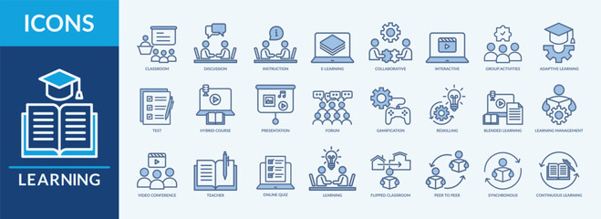 Learning - Icon Collection. Thin Line Blue Set contains such Icons as classroom, discussion, adaptive learning, test and more. Simple web icons set
