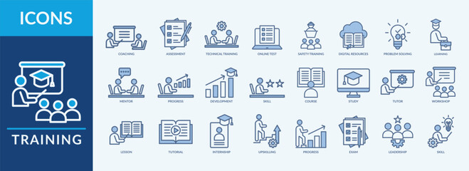 Training - Icon Collection. Thin Line Blue Set contains such Icons as coaching, assessment, mentor, problem solving and more. Simple web icons set
