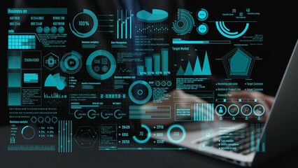 Captivating business data analytics dashboard showcasing various graphs and charts on a laptop, perfect for illustrating insights and metrics in a modern workspace. Cipher